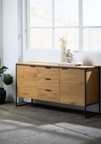 UNIQUE FURNITURE sk�nk, m. 2 l�ger, 2 hylder, 2 skuffer - natur egemelamin papir, sort jern (B:155)