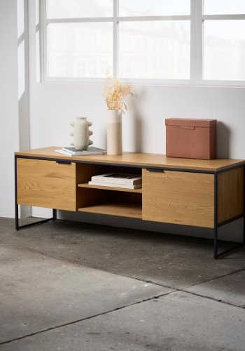 UNIQUE FURNITURE TV-bord, m. 2 l�ger og 1 hylde - natur egemelamin papir og sort jern (155x45)