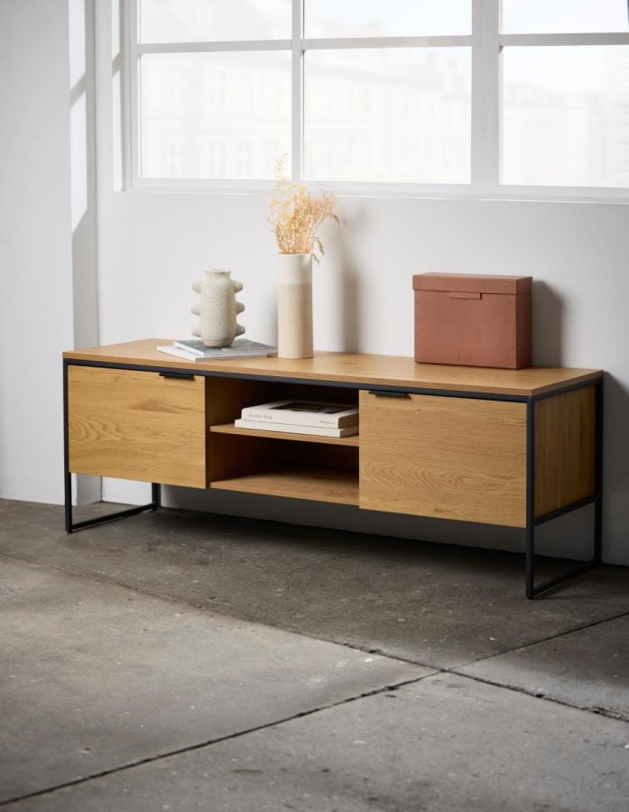 UNIQUE FURNITURE TV-bord, m. 2 l�ger og 1 hylde - natur egemelamin papir og sort jern (155x45)