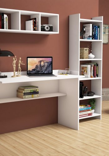 FUNZI LIVING Hera Schreibtisch, mit Bücherregal und Wandregal - weißes Melamin (118x58)