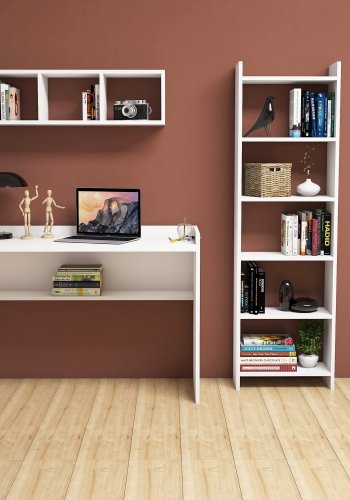 FUNZI LIVING Hera Schreibtisch, mit Bücherregal und Wandregal - weißes Melamin (118x58)
