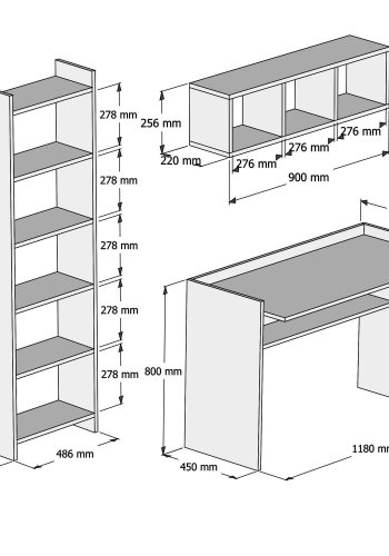 FUNZI LIVING Hera Schreibtisch, mit Bücherregal und Wandregal - weißes Melamin (118x58)