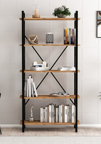 FUNZI LIVING Nero Bücherregal, m. 5 Regale - walnussfarbenes Melamin und schwarzes Metall