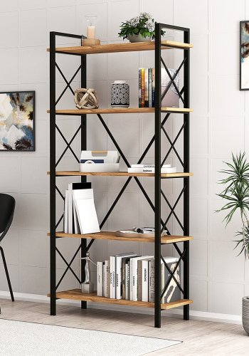 FUNZI LIVING Nero Bücherregal, m. 5 Regale - walnussfarbenes Melamin und schwarzes Metall