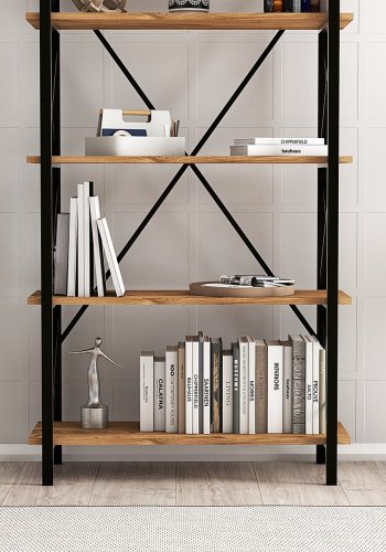 FUNZI LIVING Nero Bücherregal, m. 5 Regale - walnussfarbenes Melamin und schwarzes Metall