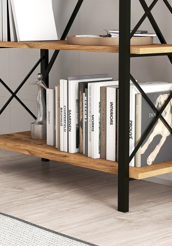 FUNZI LIVING Nero Bücherregal, m. 5 Regale - walnussfarbenes Melamin und schwarzes Metall