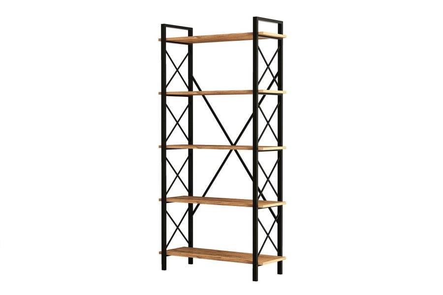 FUNZI LIVING Nero Bücherregal, m. 5 Regale - walnussfarbenes Melamin und schwarzes Metall