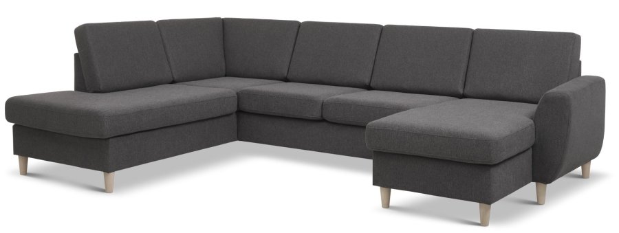 Wendy sett 4 U OE venstre sofa, m. sjeselong - antrasittgr polyesterstoff og naturlig tre