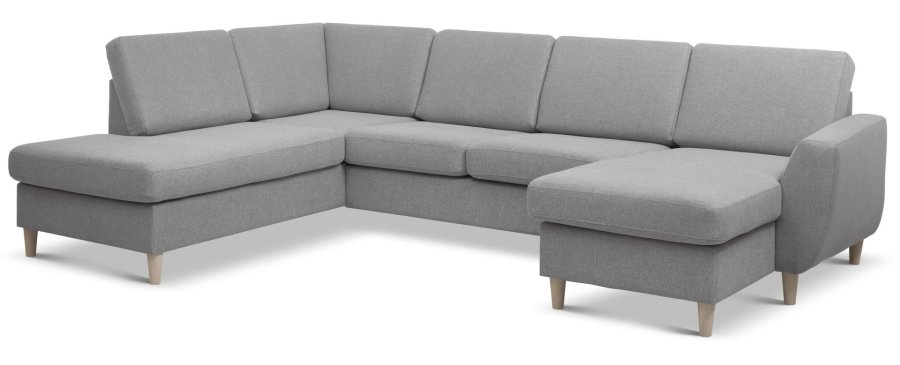 Wendy sett 4 U OE venstre sofa, m. sjeselong - grtt polyesterstoff og naturlig tre