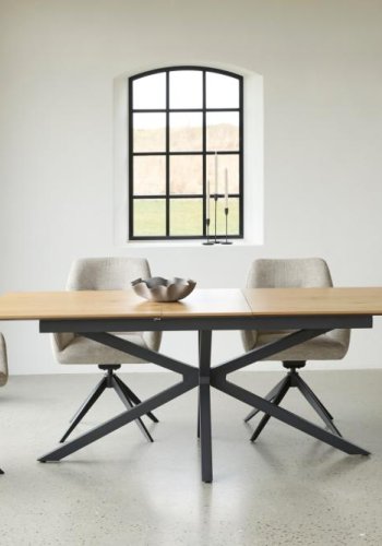 UNIQUE FURNITURE spisebord, m. butterflybordplade - natur egemelamin og sort metal (90x160-200)