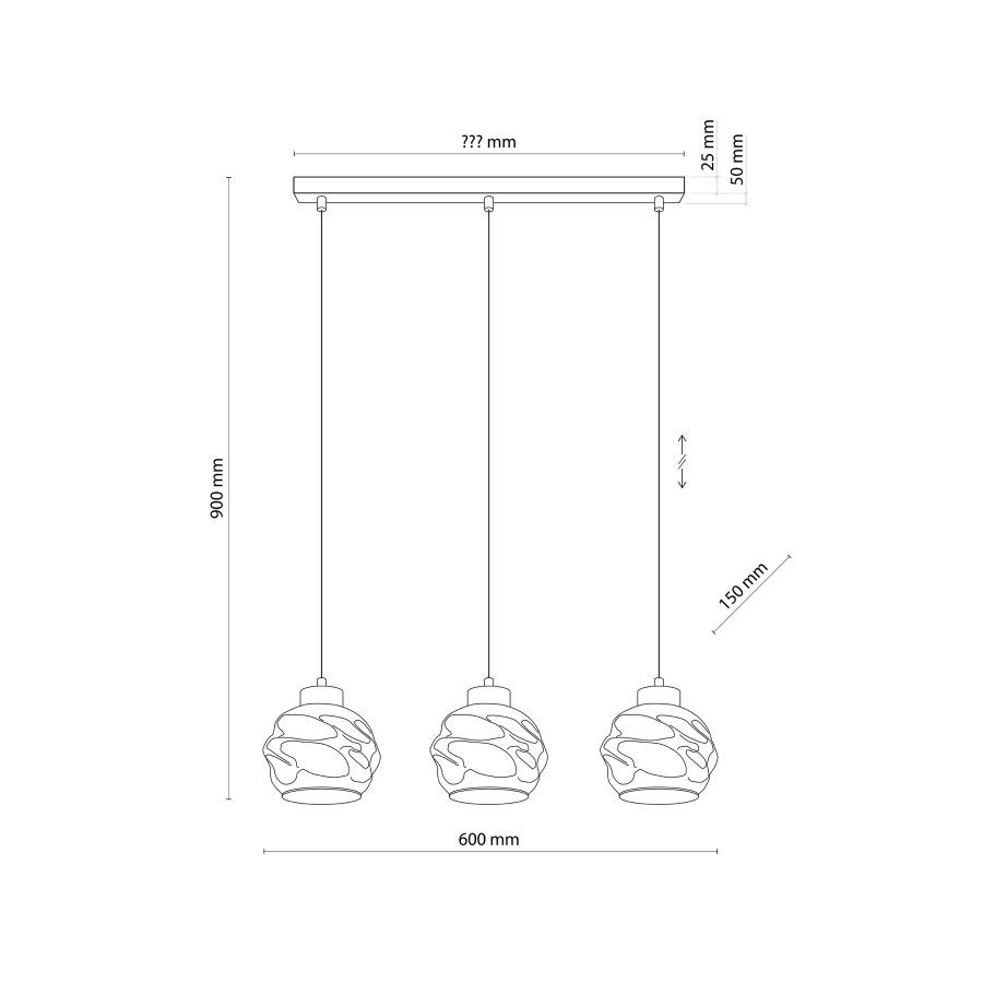 TK Zulia loftlampe, m. 3 skjermer - glass og sort metall