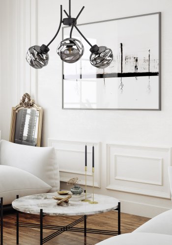 TK Zulia loftlampe, m. 3 skjermer - glass og sort metall