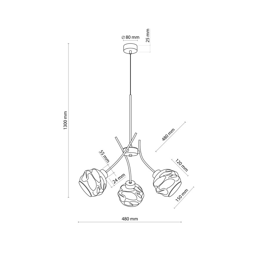 TK Zulia loftlampe, m. 3 skjermer - glass og sort metall