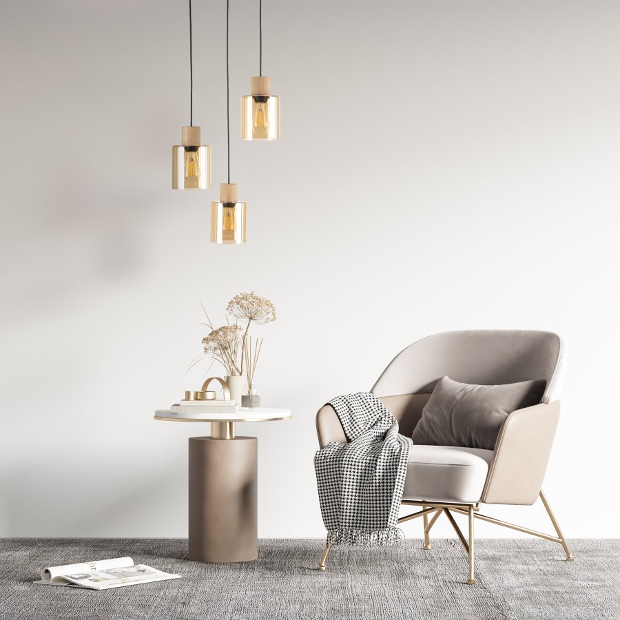 TK Orson taklampe, m. 3 skjermer - glass og tre