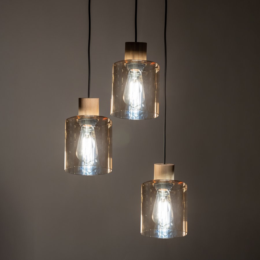 TK Orson taklampe, m. 3 skjermer - glass og tre