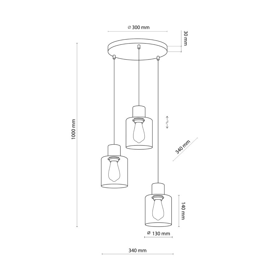 TK Orson taklampe, m. 3 skjermer - glass og tre