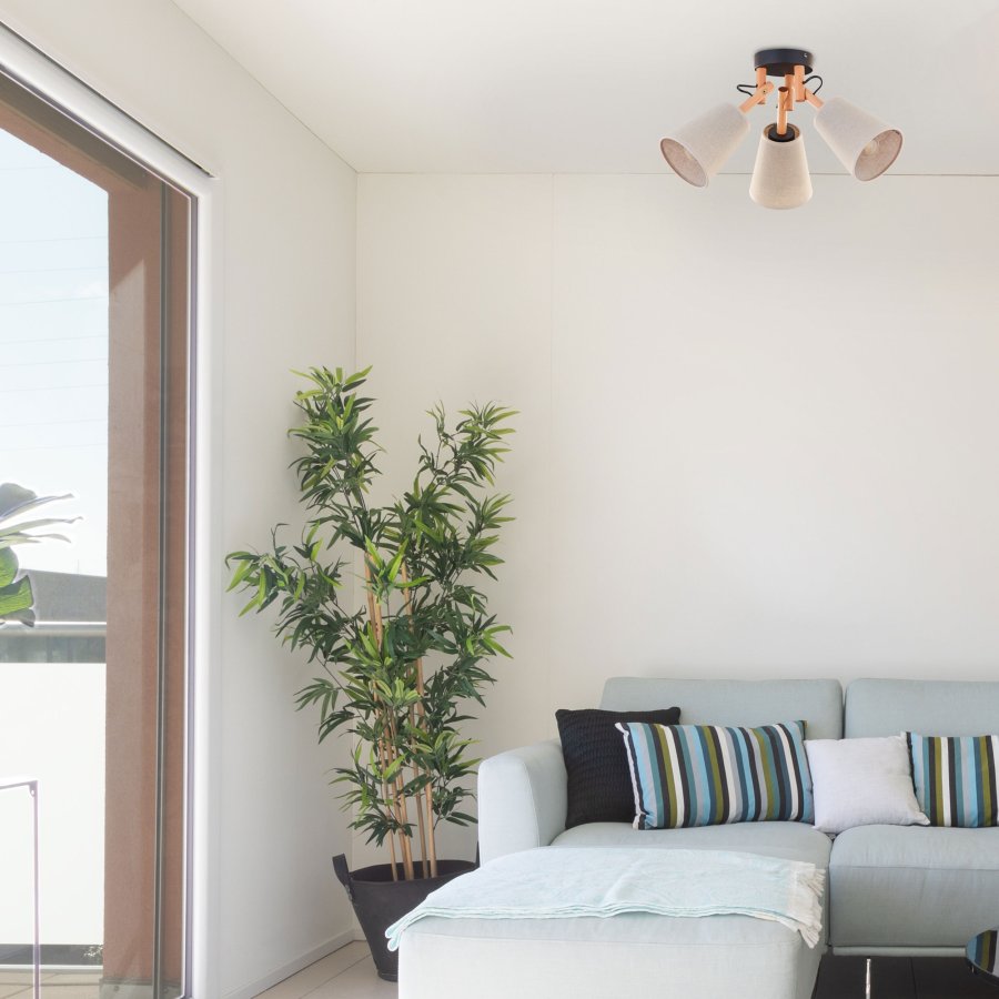 TK Vaio taklampe, m. 3 skjermer - naturlig linstoff, tre og metall