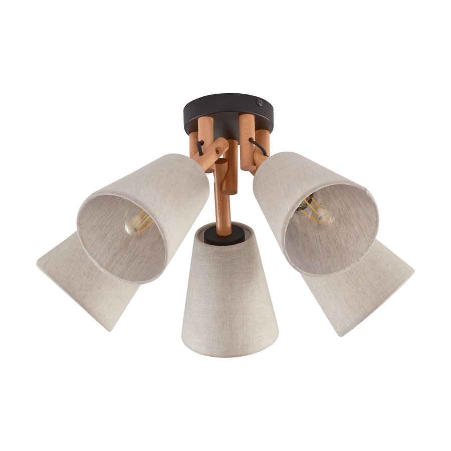 TK Vaio taklampe, m. 5 skjermer - naturlig linstoff, tre og metall