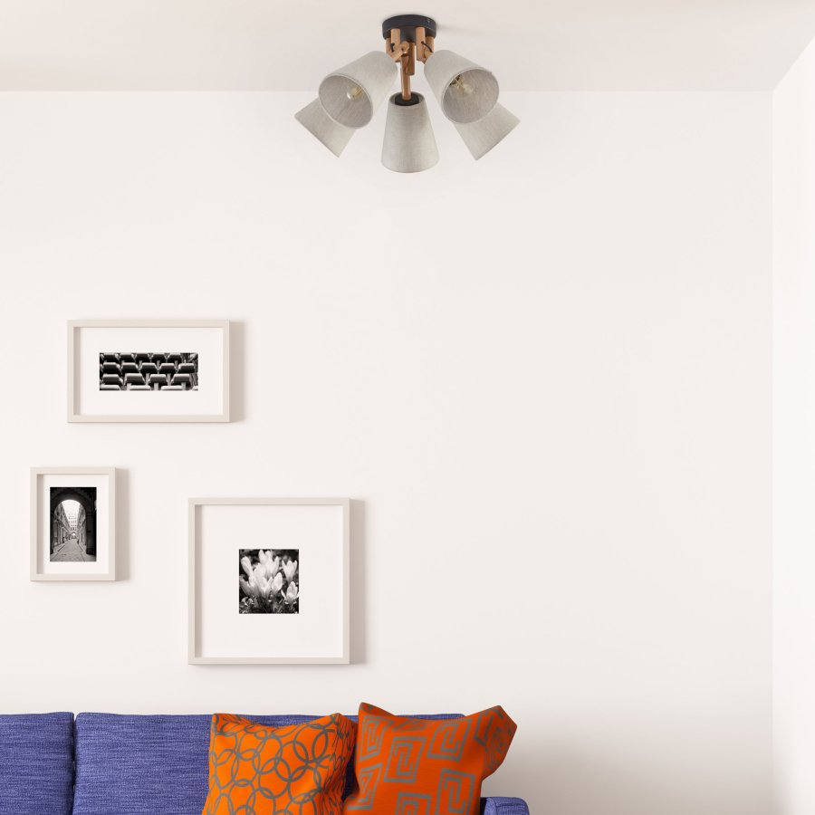 TK Vaio taklampe, m. 5 skjermer - naturlig linstoff, tre og metall