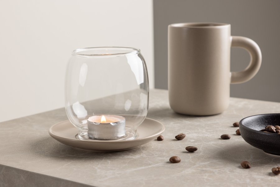 VENTURE DESIGN Archy Kerzenständer, rund – klares Glas und beiges Steingut (12 x H9,5)