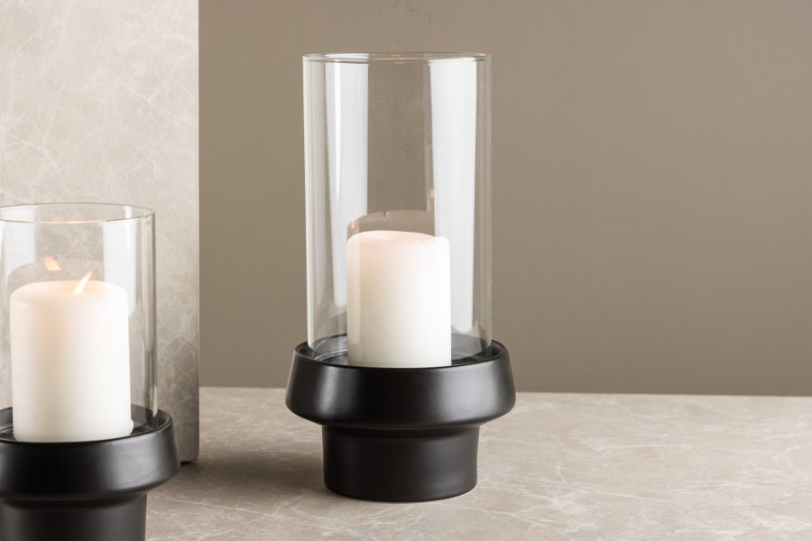 VENTURE DESIGN Davida Kerzenständer, rund – Klarglas und schwarzes Steingut (15xH29)