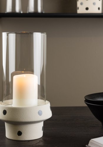 VENTURE DESIGN Davida Kerzenständer, rund – klares Glas und weiß/schwarz gepunktetes Steingut (15xH29)
