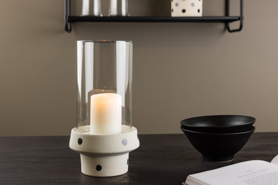 VENTURE DESIGN Davida Kerzenständer, rund – klares Glas und weiß/schwarz gepunktetes Steingut (15xH29)