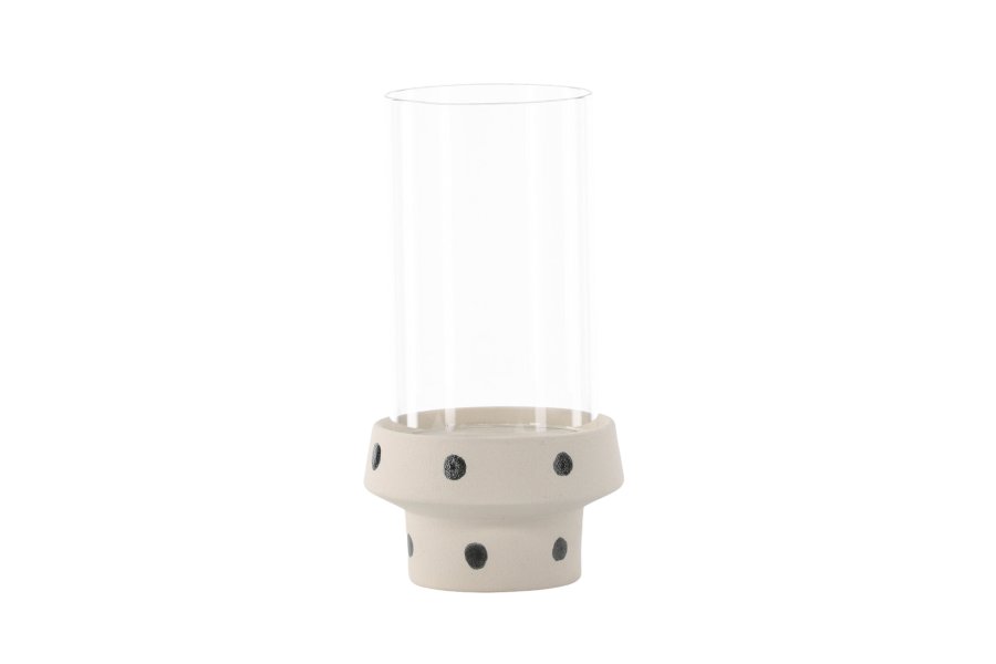 VENTURE DESIGN Davida Kerzenständer, rund – klares Glas und weiß/schwarz gepunktetes Steingut (15xH29)