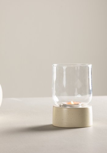 VENTURE DESIGN Vica lysestake, rund - glass og beige/svarte prikker steinty (D8xH12xB8)