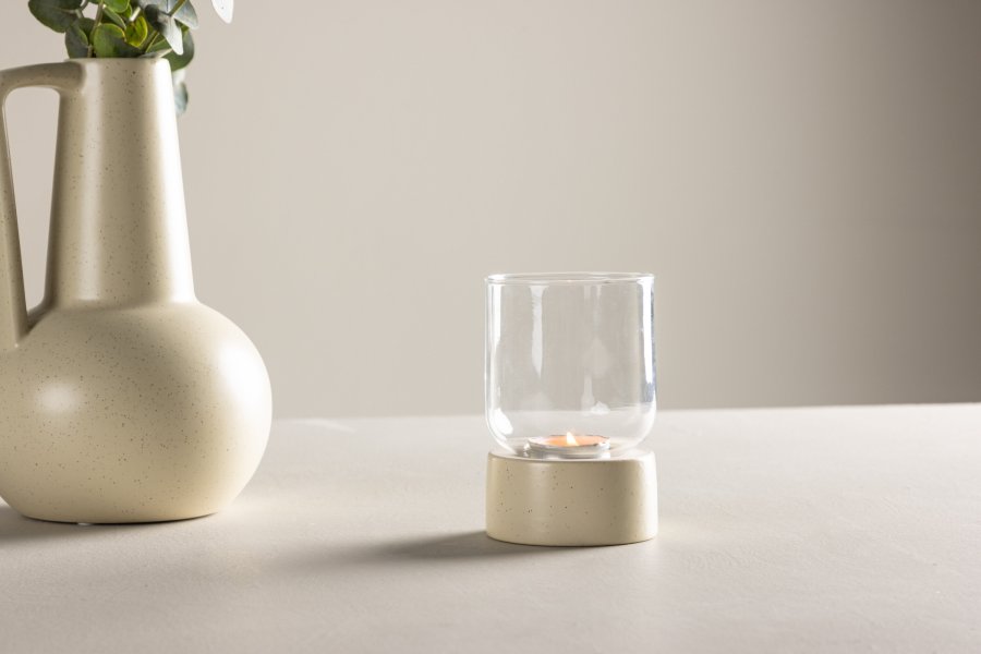 VENTURE DESIGN Vica lysestake, rund - glass og beige/svarte prikker steinty (D8xH12xB8)