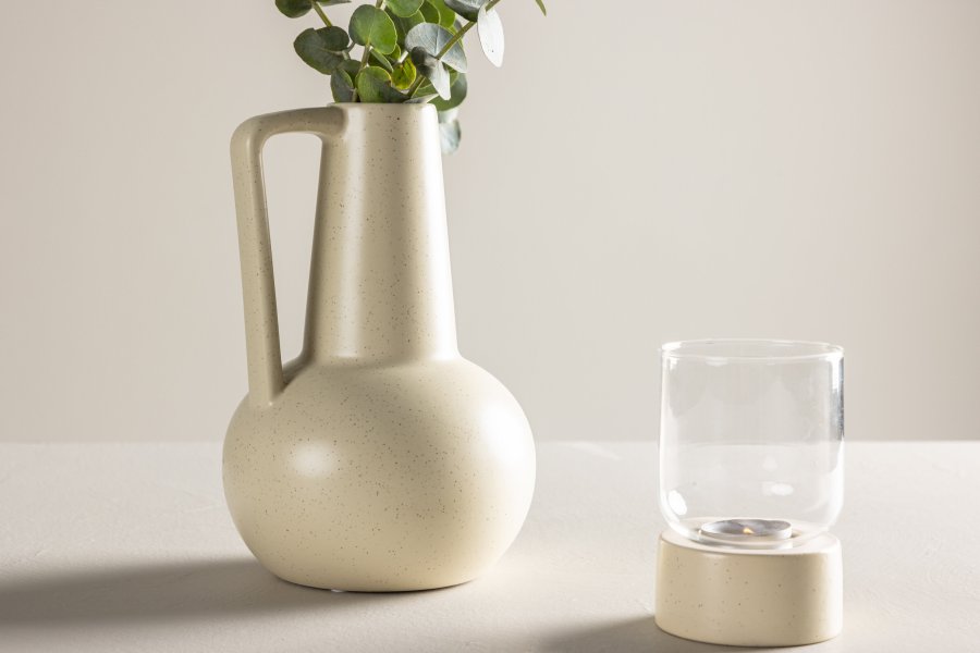 VENTURE DESIGN Lane vase, m. hank - beige/svarte prikker steinty (15x15x22)