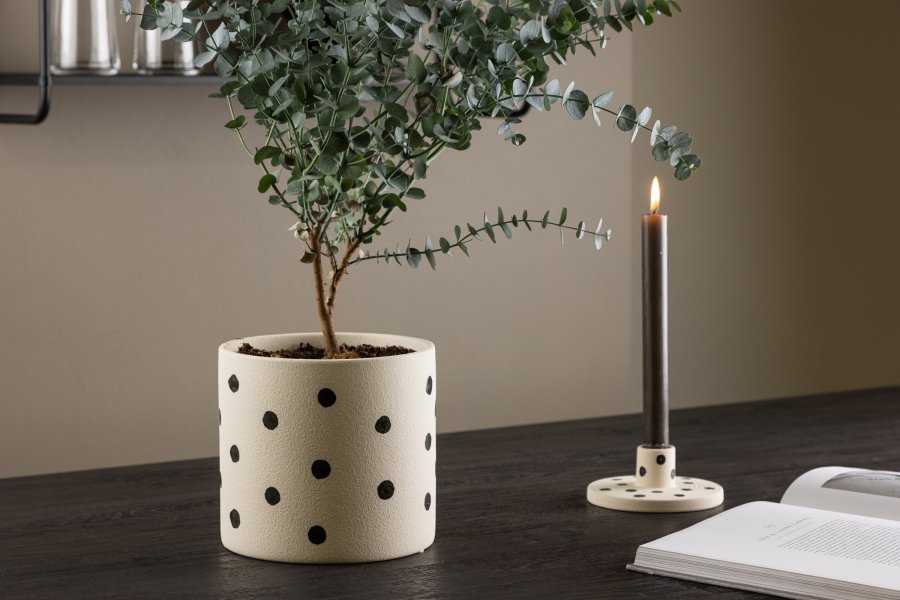 VENTURE DESIGN Sane potte, rund - hvite/svarte prikker steinty (18x18x17)