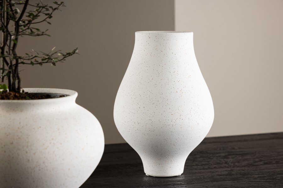 VENTURE DESIGN Rellis vase, rund - hvite/svarte prikker keramikk (D10xH24xB14)