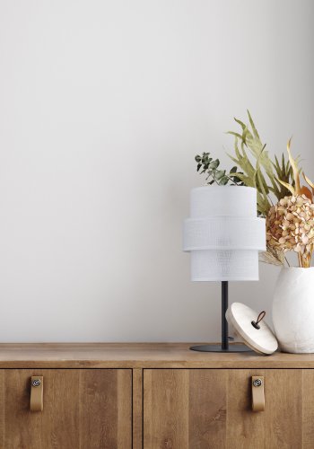 TK Calisto bordlampe - hvitt stoff og sort metall