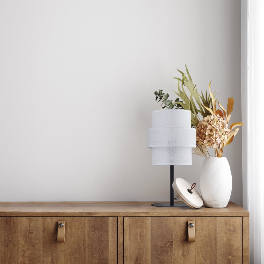 TK Calisto bordlampe - hvitt stoff og sort metall