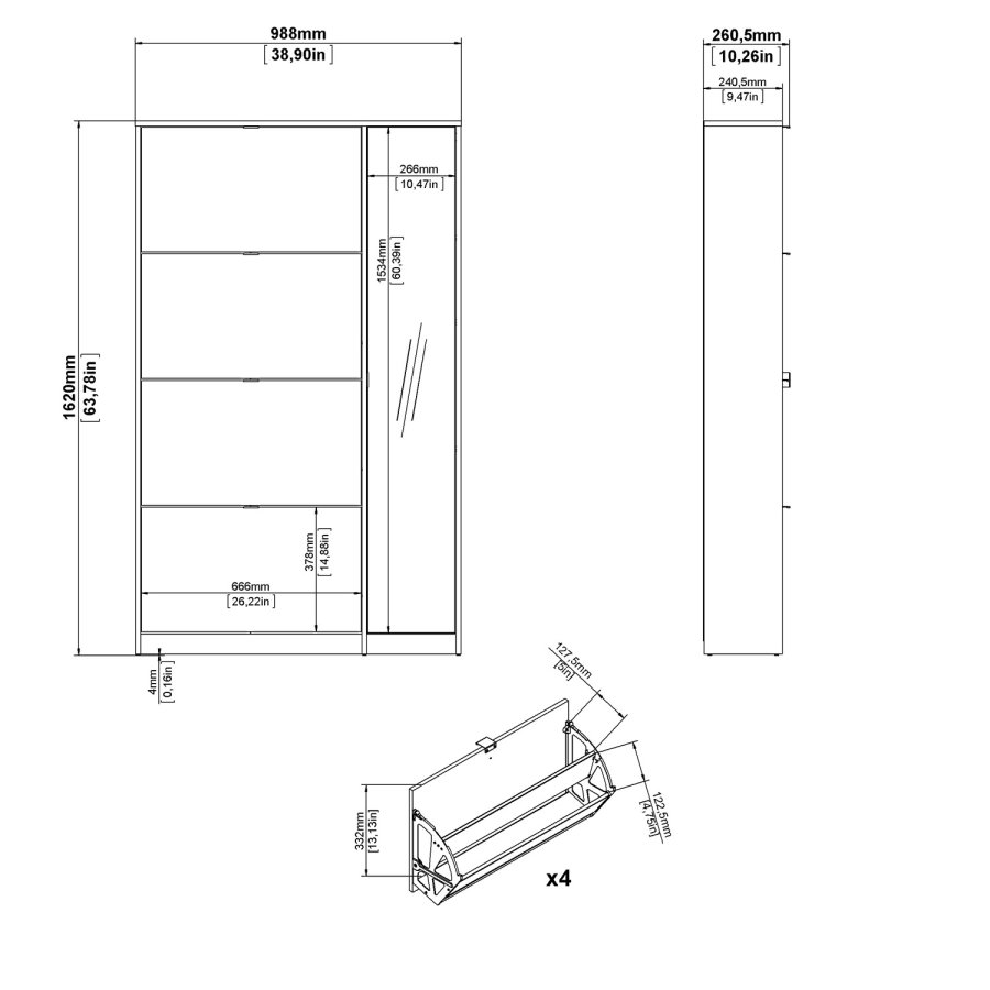 TVILUM Sko skoskap - natur/hvit hyglans eikefiner/tre, m. 4 foldedrer, 1 speildr og 2 rom
