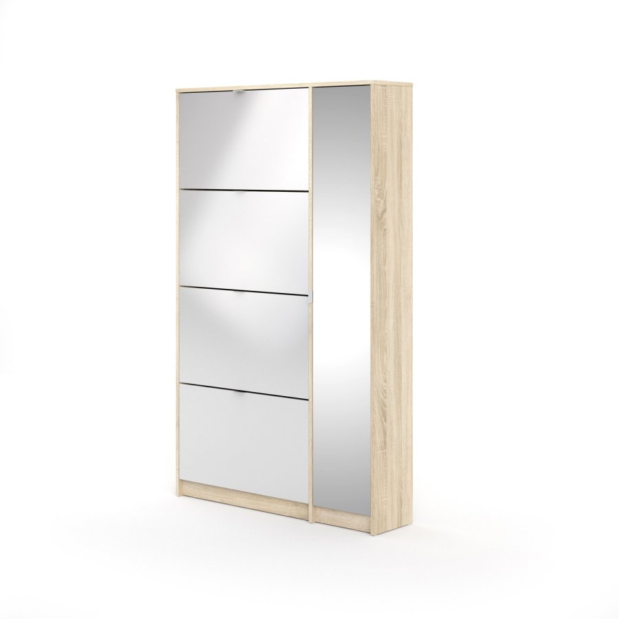 TVILUM Sko skoskap - natur/hvit hyglans eikefiner/tre, m. 4 foldedrer, 1 speildr og 2 rom