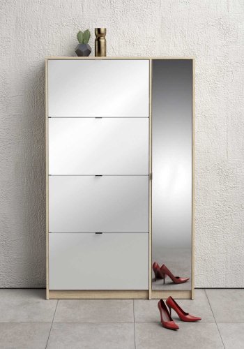 TVILUM Sko skoskap - natur/hvit hyglans eikefiner/tre, m. 4 foldedrer, 1 speildr og 2 rom