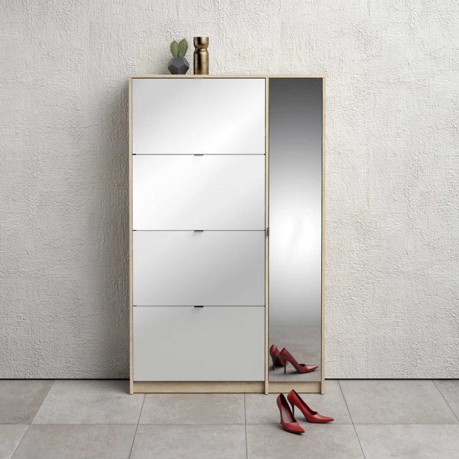 TVILUM Sko skoskap - natur/hvit hyglans eikefiner/tre, m. 4 foldedrer, 1 speildr og 2 rom