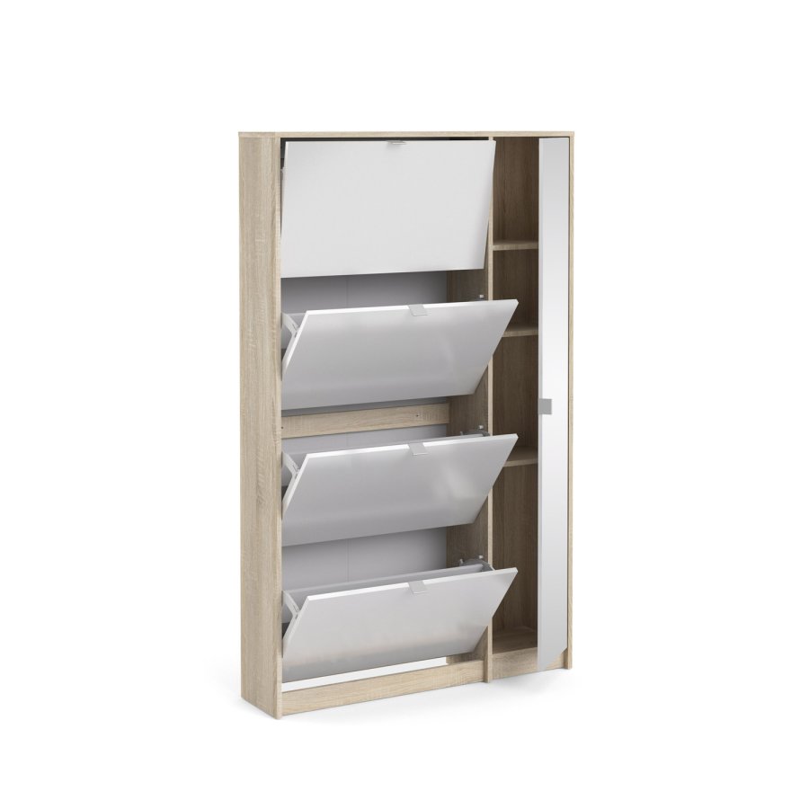 TVILUM Sko skoskap - natur/hvit hyglans eikefiner/tre, m. 4 foldedrer, 1 speildr og 2 rom