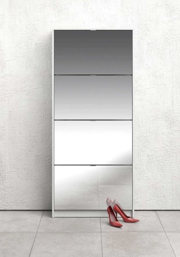 TVILUM Sko skoskap - hvit/glass tre/speilglass, m. 4 speilfoldedrer og 2 rom 