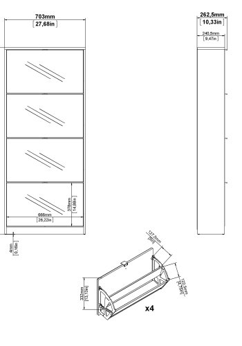 TVILUM Sko skoskap - hvit/glass tre/speilglass, m. 4 speilfoldedrer og 2 rom 