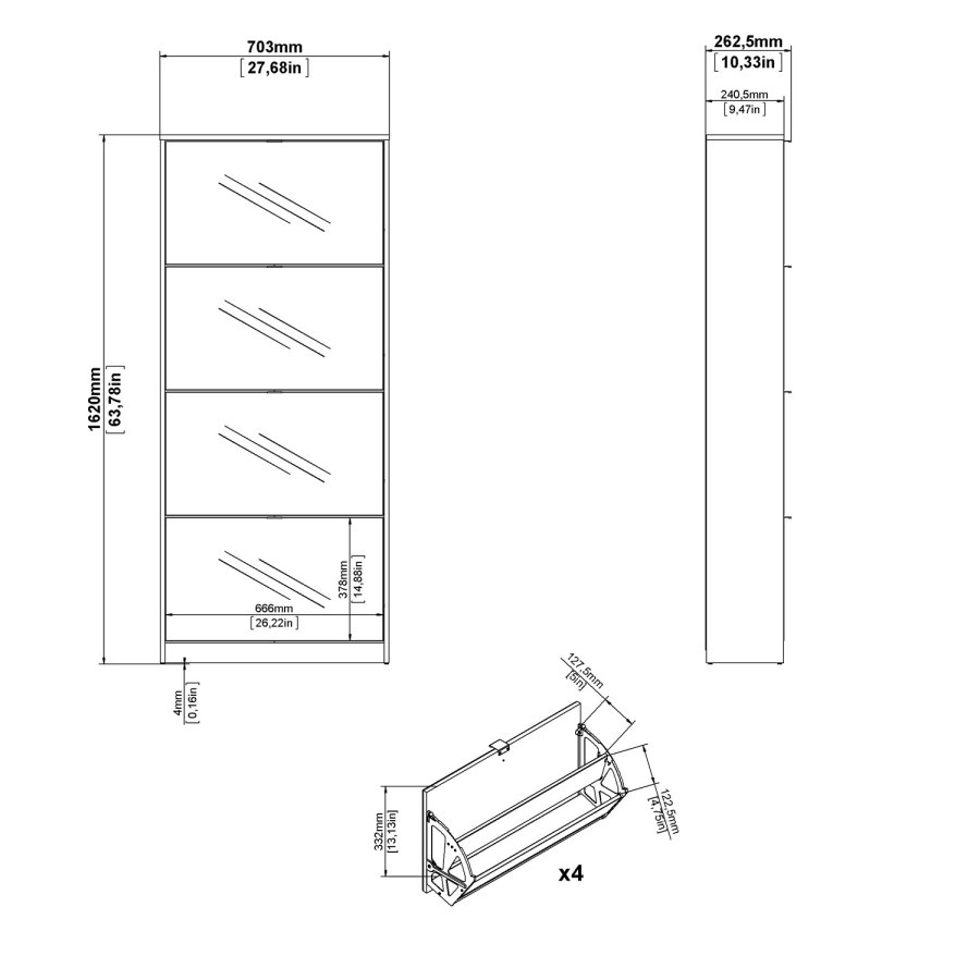 TVILUM Sko skoskap - hvit/glass tre/speilglass, m. 4 speilfoldedrer og 2 rom 