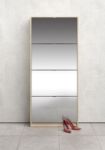 TVILUM Sko skoskap - natur/glass eikefiner/speilglass, m. 4 speilfoldedrer og 2 rom