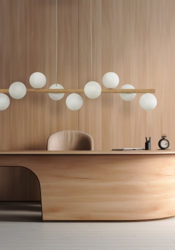 TK Ester taklampe, m. 9 skjermer - glass, naturlig tre og hvitt metall