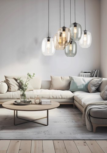 TK Elio taklampe, m. 6 skjermer - flerfarget glass og svart metall