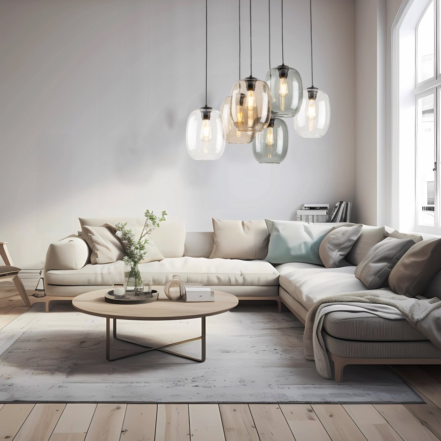 TK Elio taklampe, m. 6 skjermer - flerfarget glass og svart metall