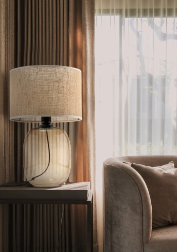 TK Melody bordlampe - naturlig jute og topasglass