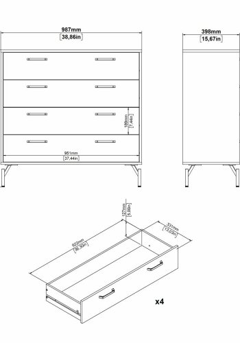 TVILUM Dana Kommode med 4 skuffer, Matt Black, 98,7 x 39,8 x 95,8 cm