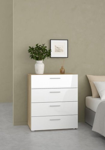 TVILUM Pepe Kommode - Eiche Struktur/Weiß Hochglanz, m. 4 Schubladen 
